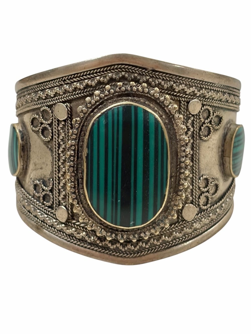 Vintage Tribal Malachite Cuff Bracelet Large Ethnic Silver Statement Bracelet